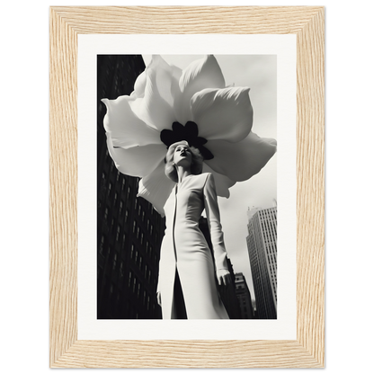 A black and white photo of a woman in a white dress with a large flower