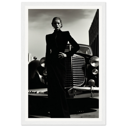 A black and white photo of a woman leaning on a car