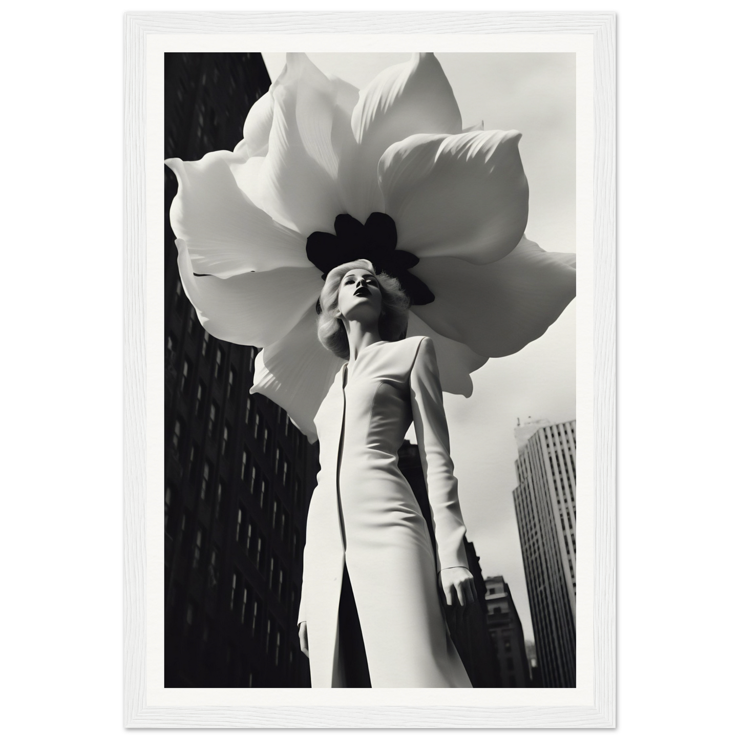 A black and white photo of a woman holding a large flower