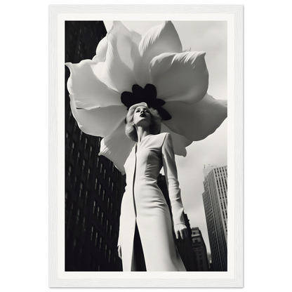 A black and white photo of a woman holding a large flower