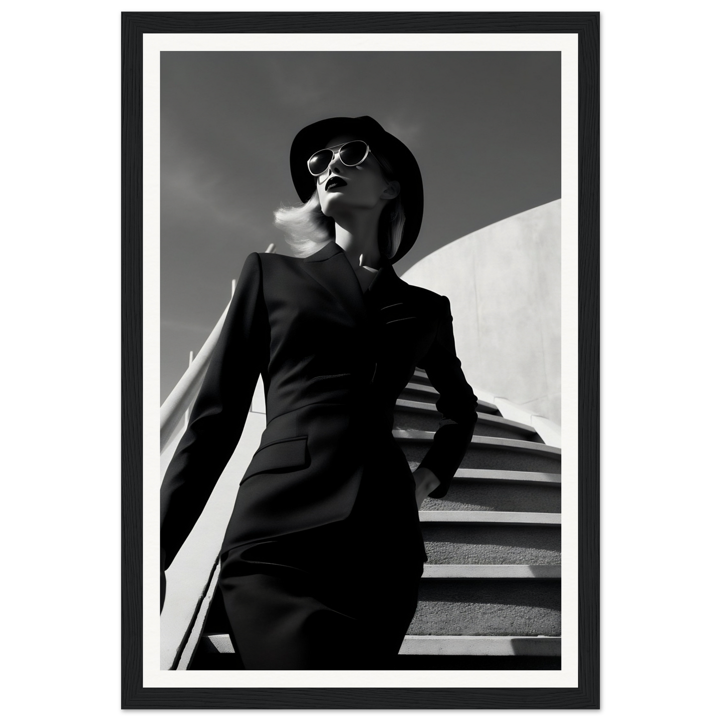 A black and white photo of a woman in a black dress and hat