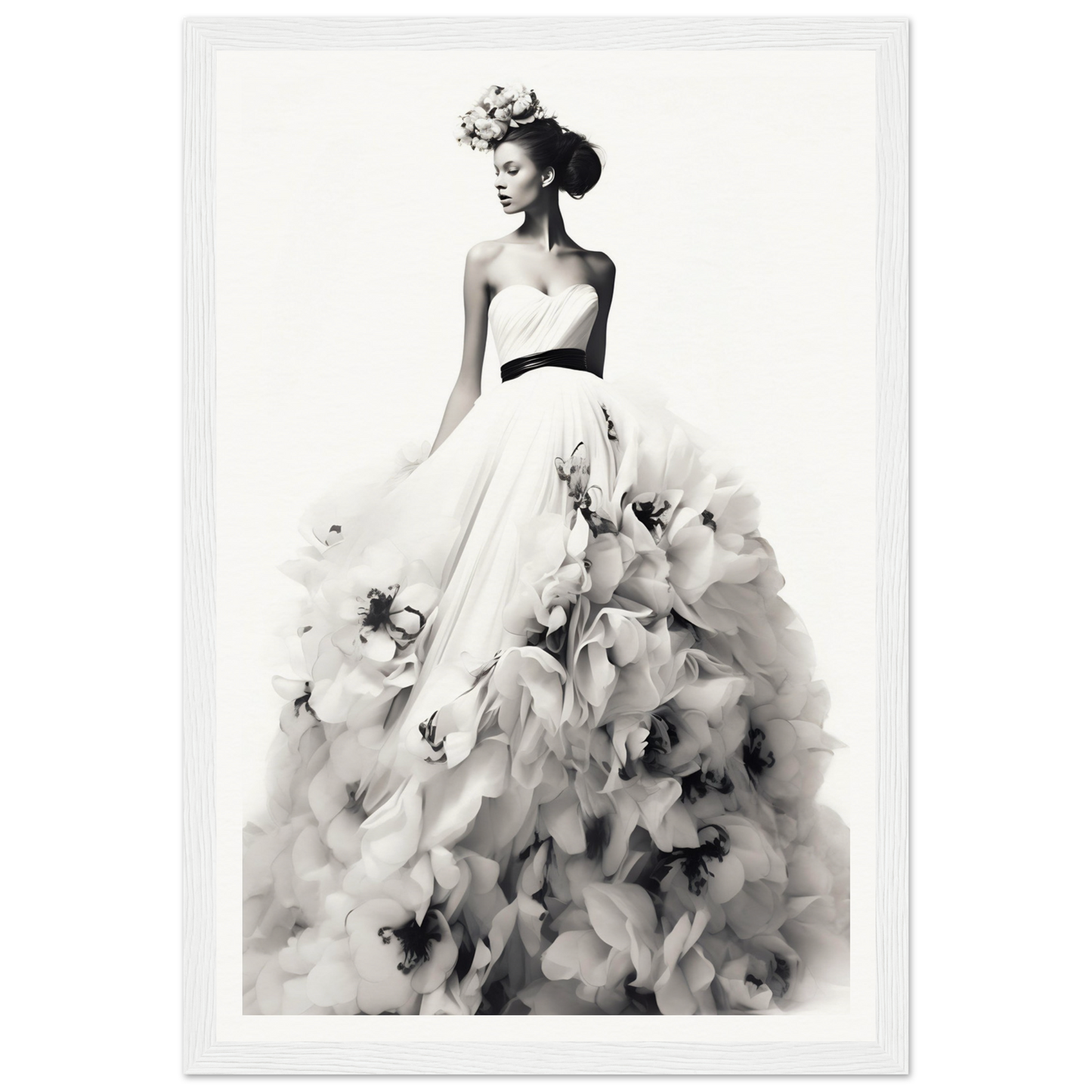 A black and white photo of a woman in a dress with flowers