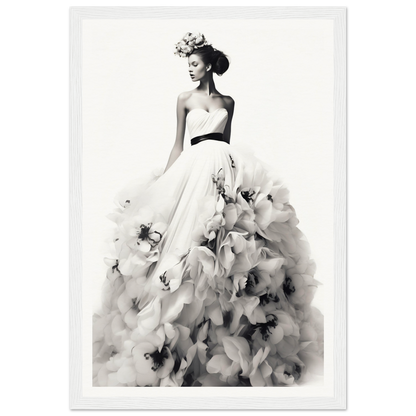 A black and white photo of a woman in a dress with flowers