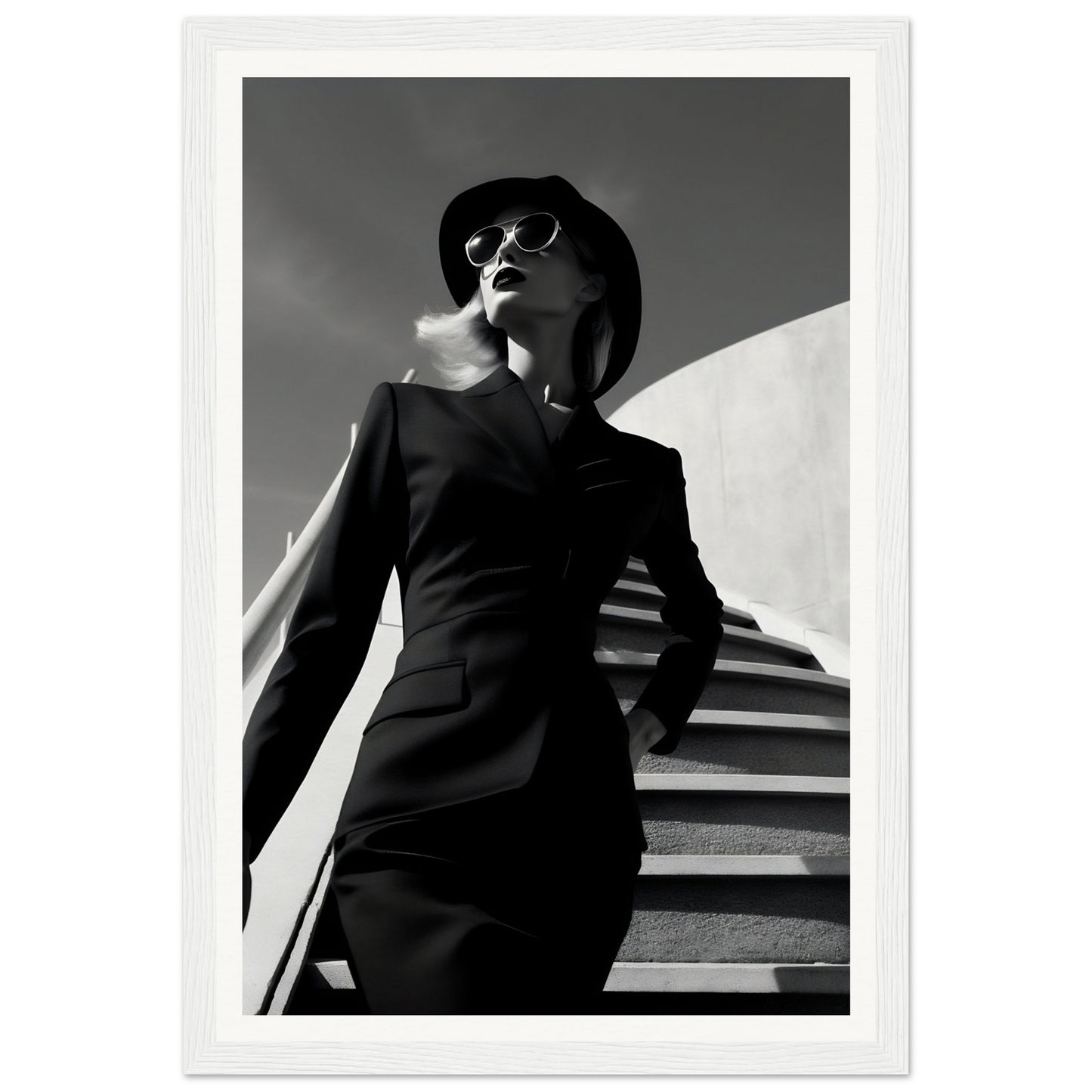 A black and white photo of a woman in a black dress and hat