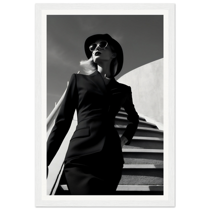 A black and white photo of a woman in a black dress and hat