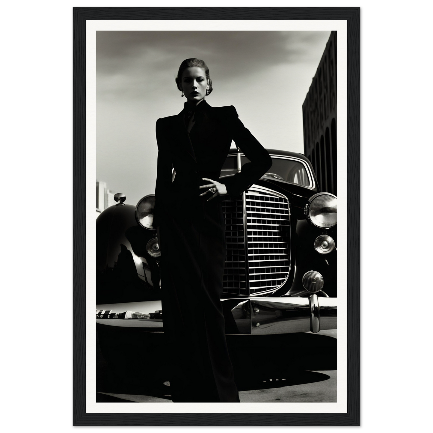 A black and white photo of a woman leaning on a car