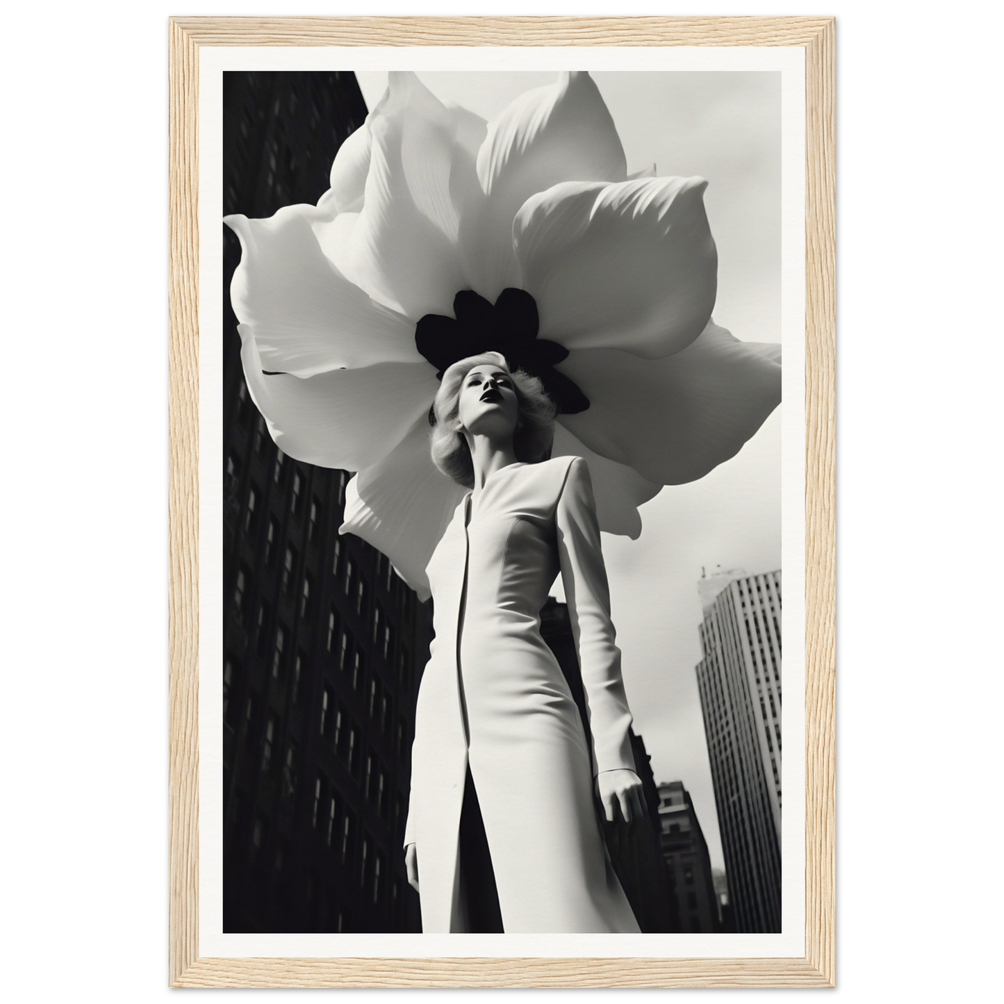 A black and white photo of a woman holding a large flower