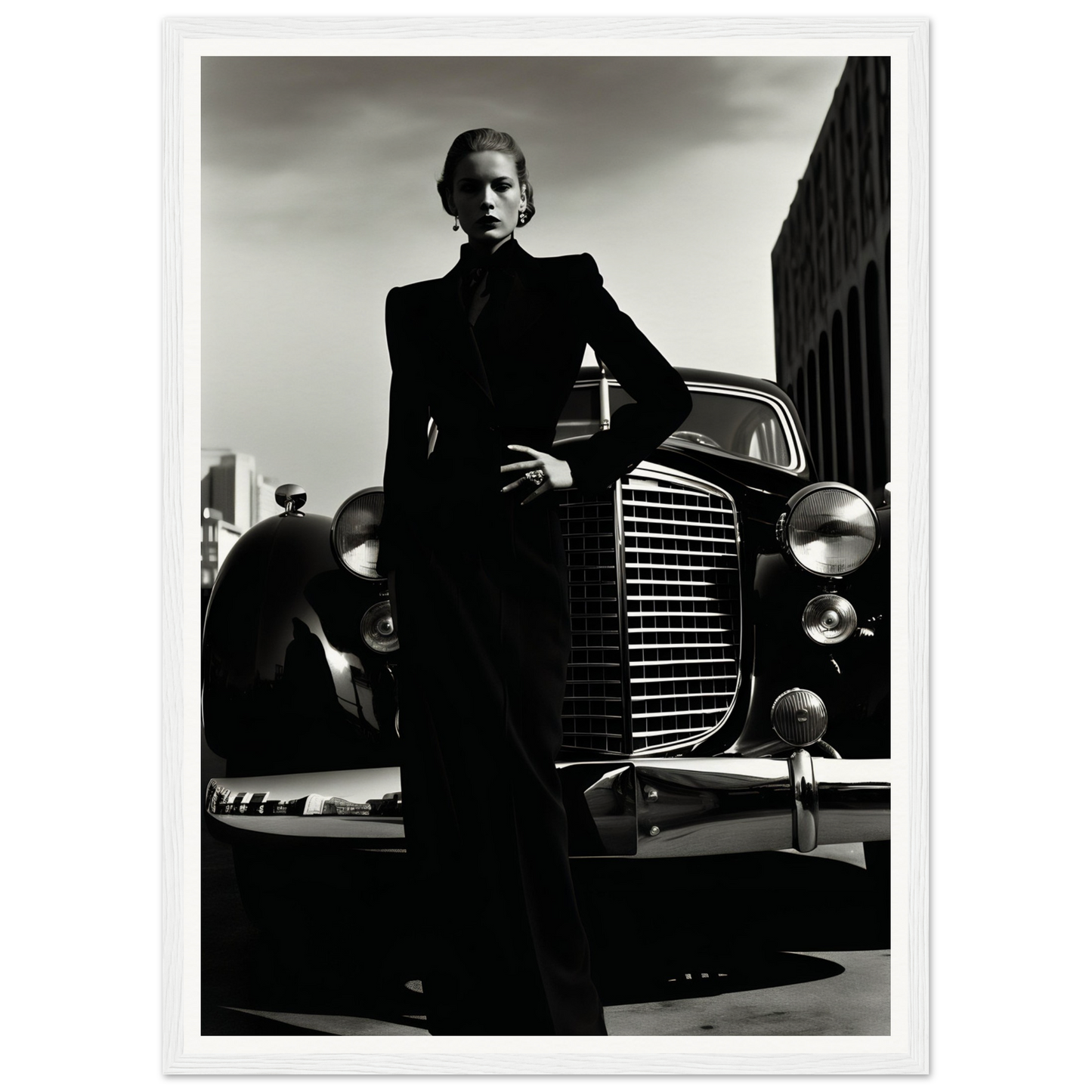 A black and white photo of a woman in a suit standing next to a car