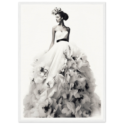 A black and white photo of a woman in a dress with flowers