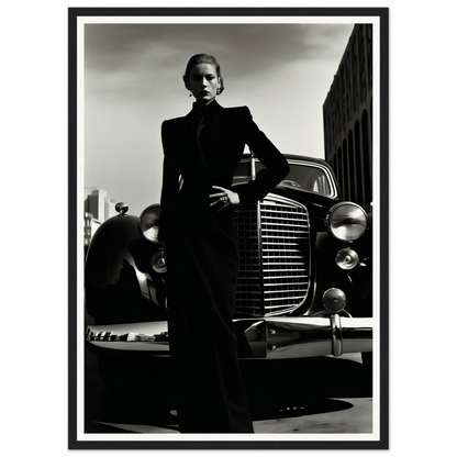 A black and white photo of a woman in a suit standing next to a car