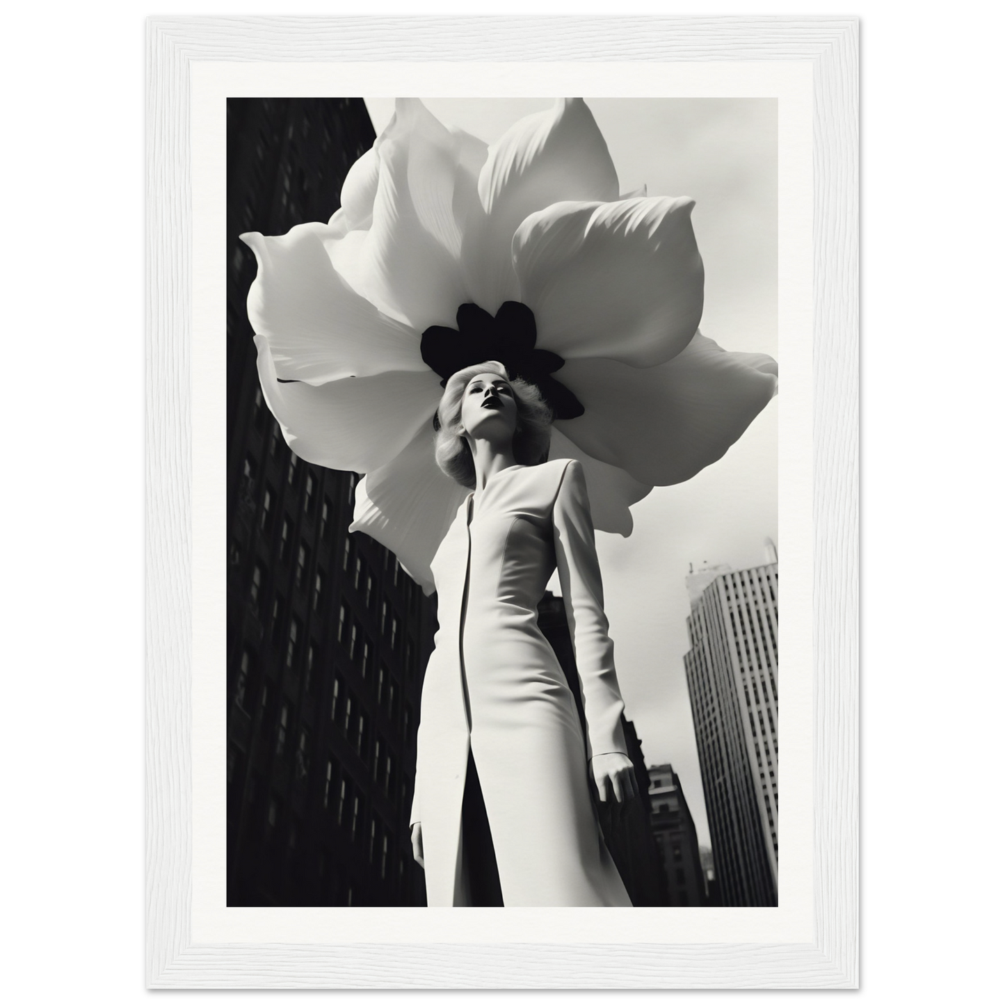 A black and white photo of a woman holding a large flower