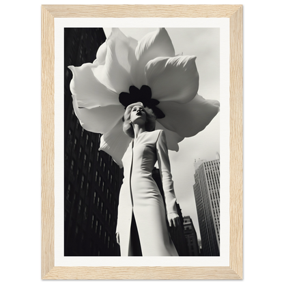 A black and white photo of a woman holding a large flower