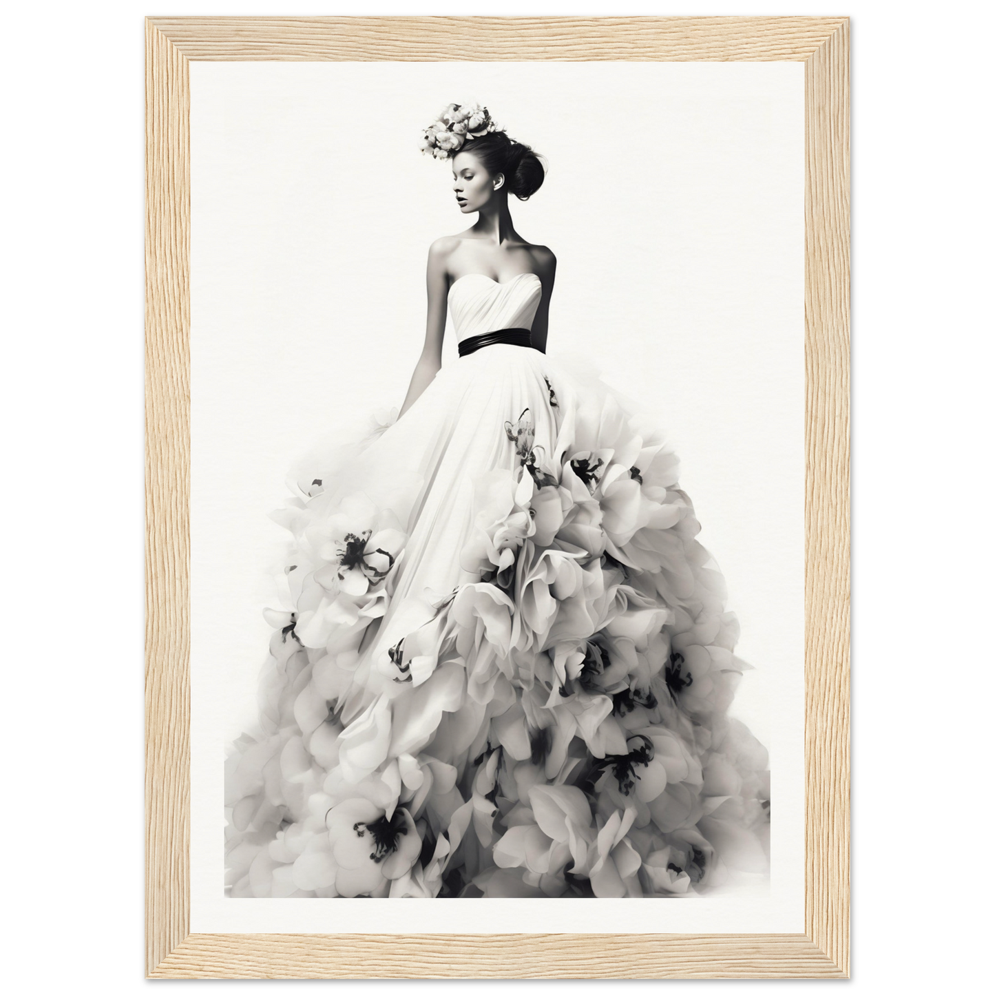 A black and white photo of a woman in a dress with flowers