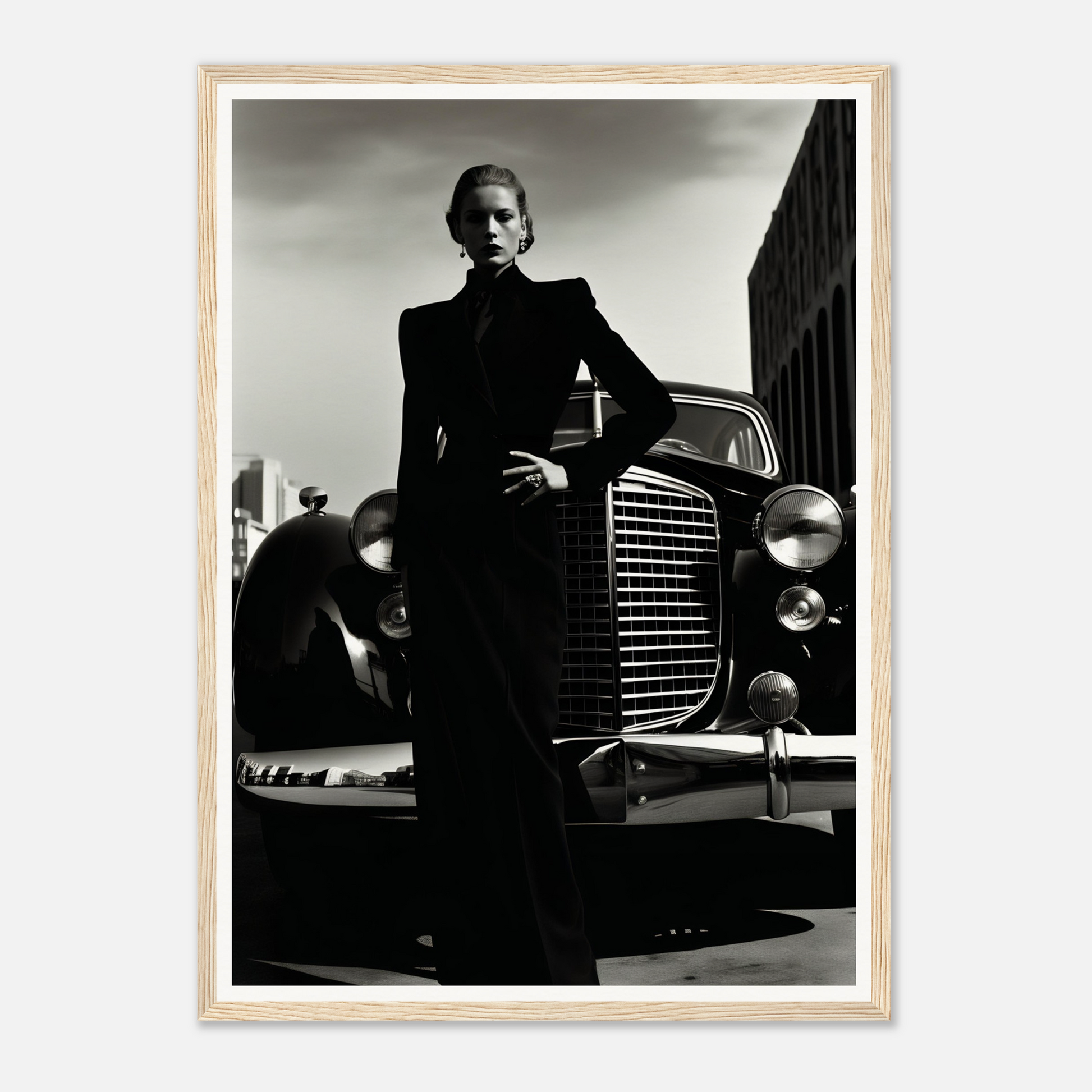 A black and white photo of a woman standing next to a car