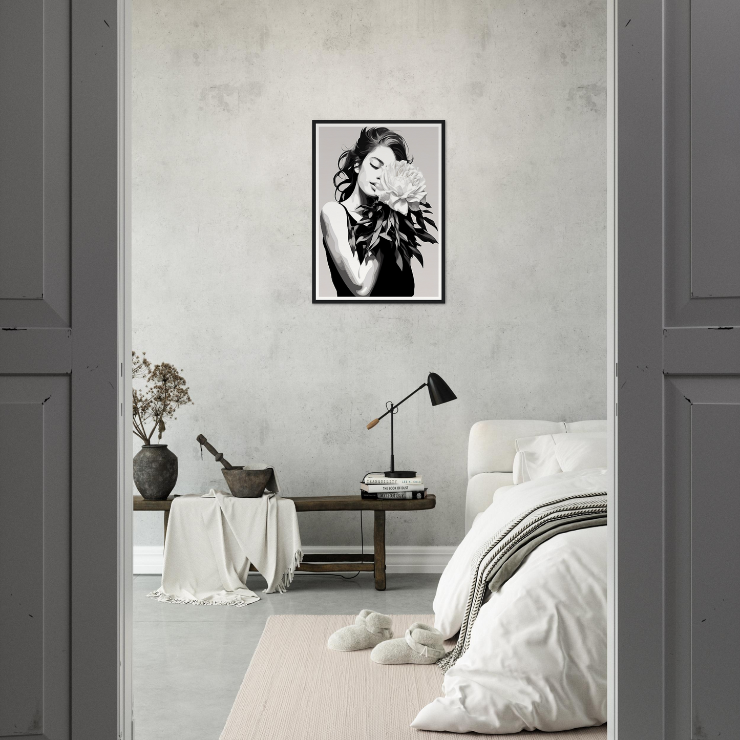 A black and white photo of a woman in a bedroom