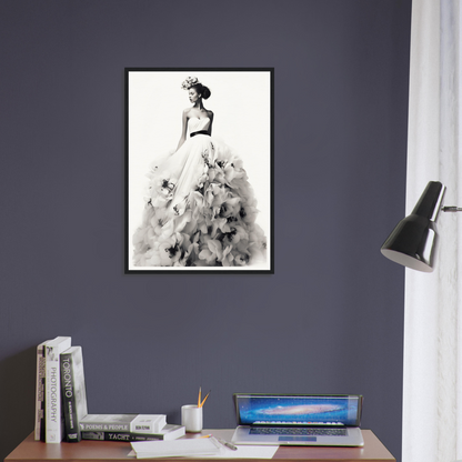 A black and white photo of a woman in a dress with flowers on her head