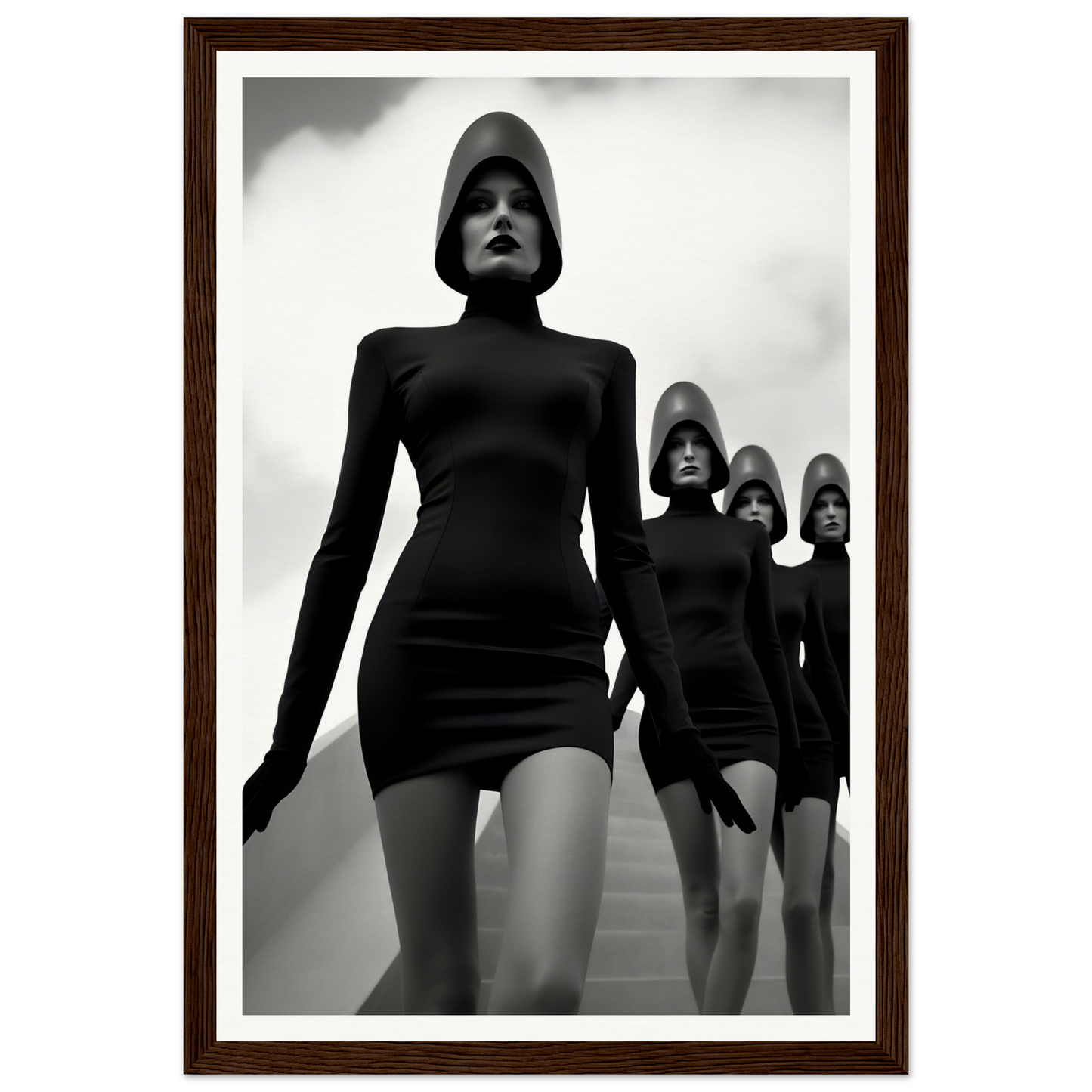 A black and white photograph of three women in a black dress