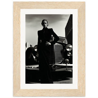 A black and white photograph of a woman leaning on a car