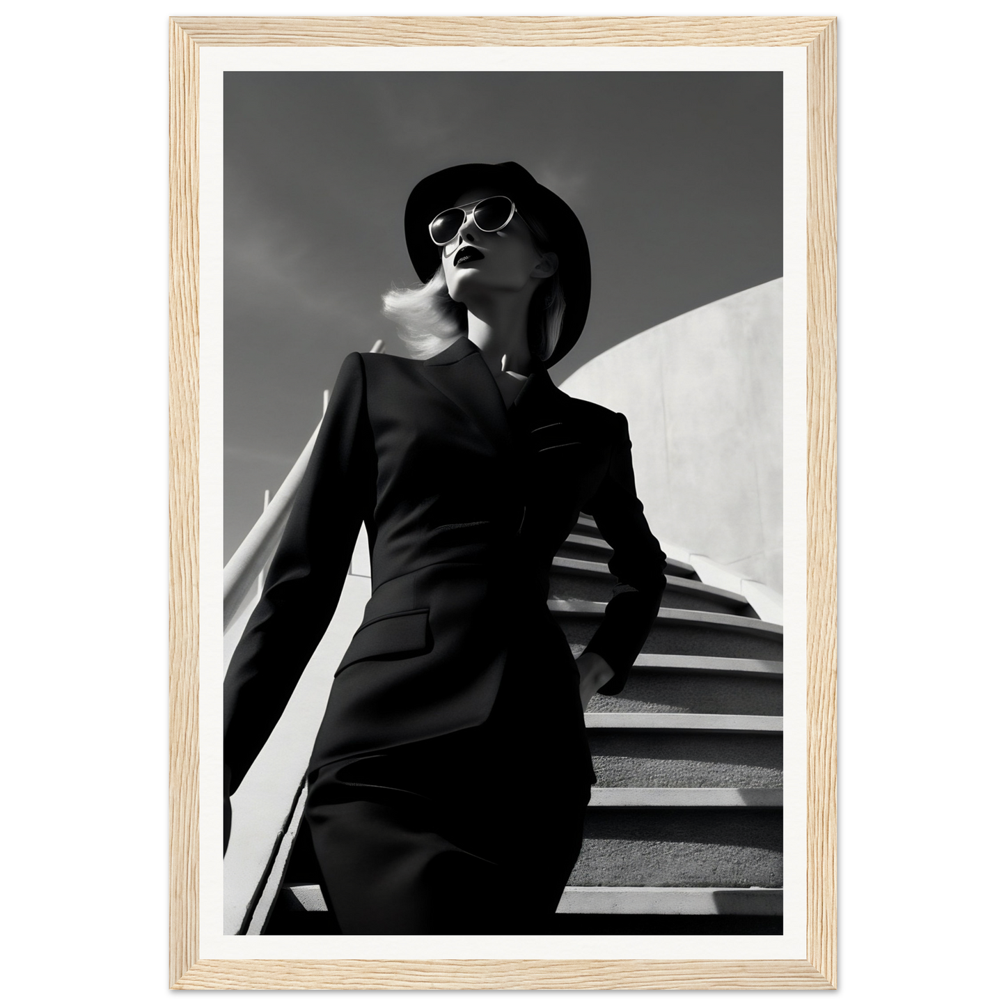 A black and white photograph of a woman in a black dress and hat