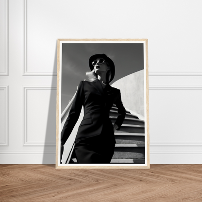 A black and white photograph of a woman in a suit and hat