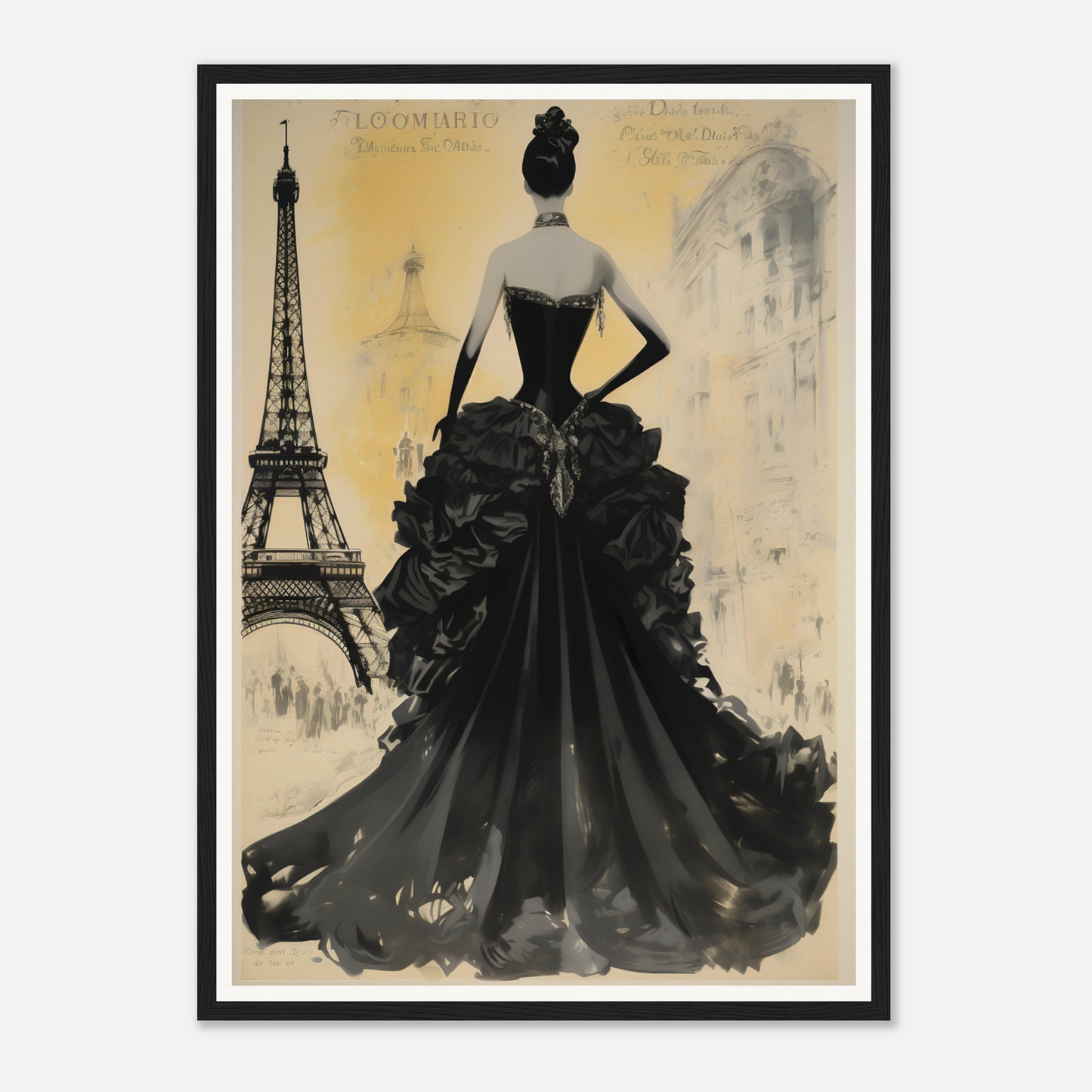 A black and white poster with a woman in a black dress