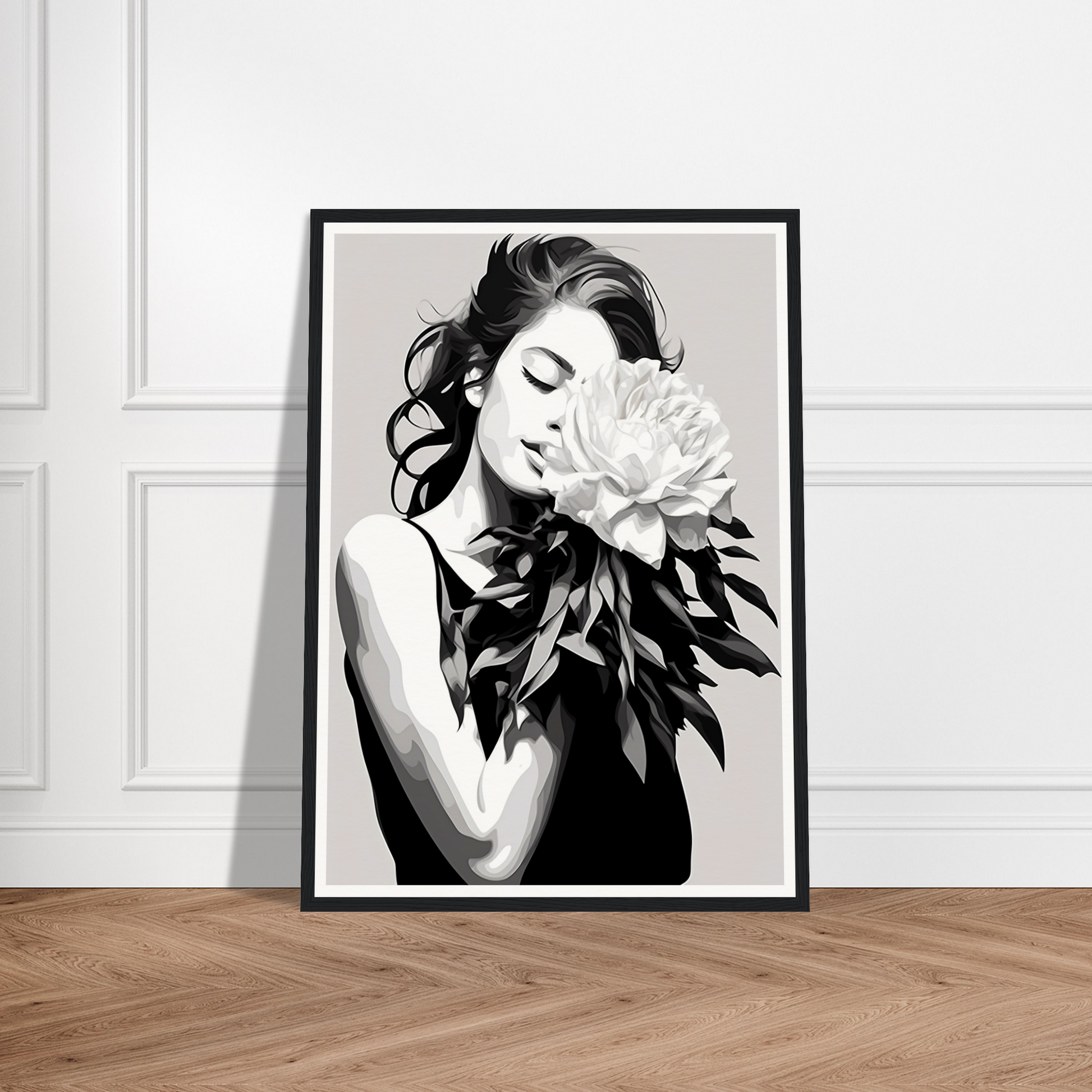 A black and white poster with a woman holding a flower