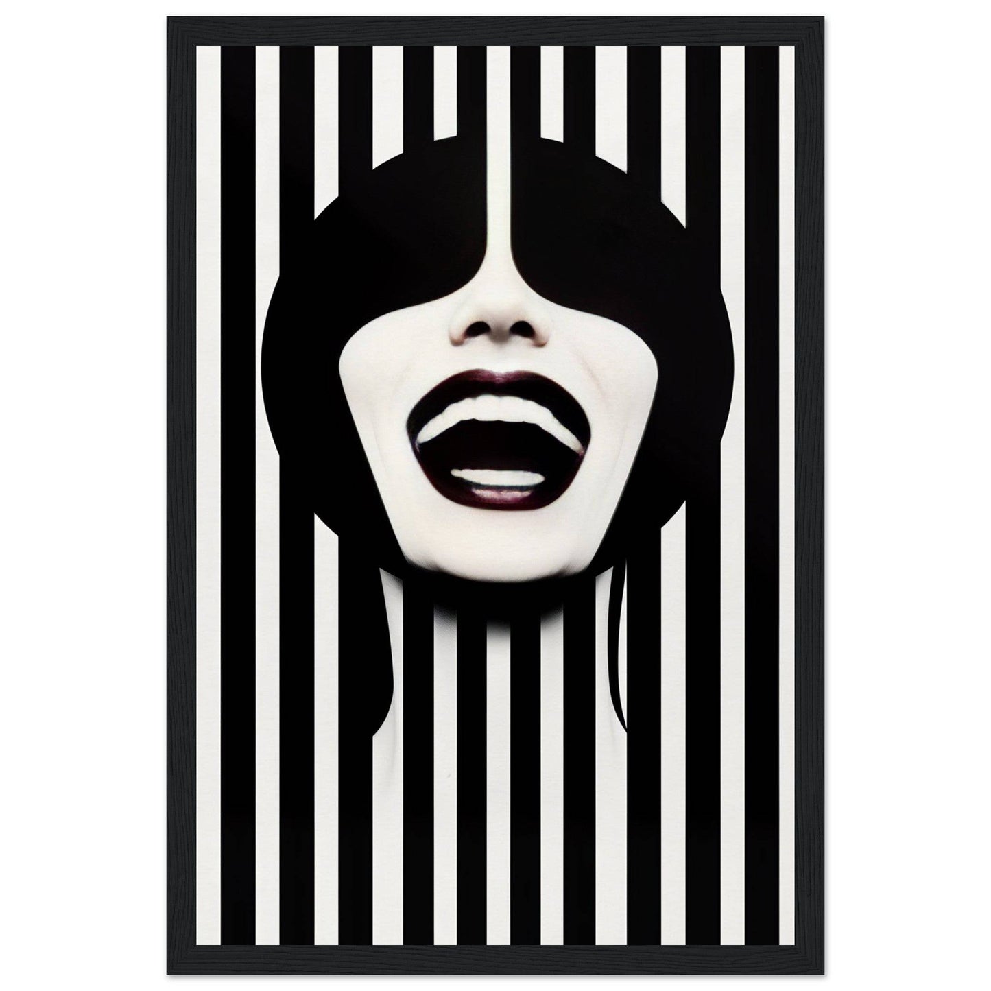 A black and white striped poster with a woman’s face