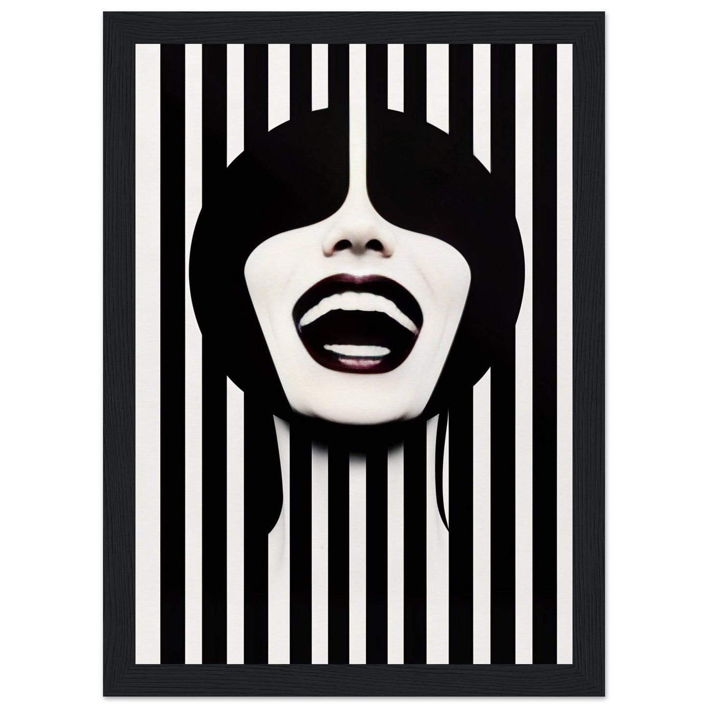 A black and white striped poster with a woman’s face