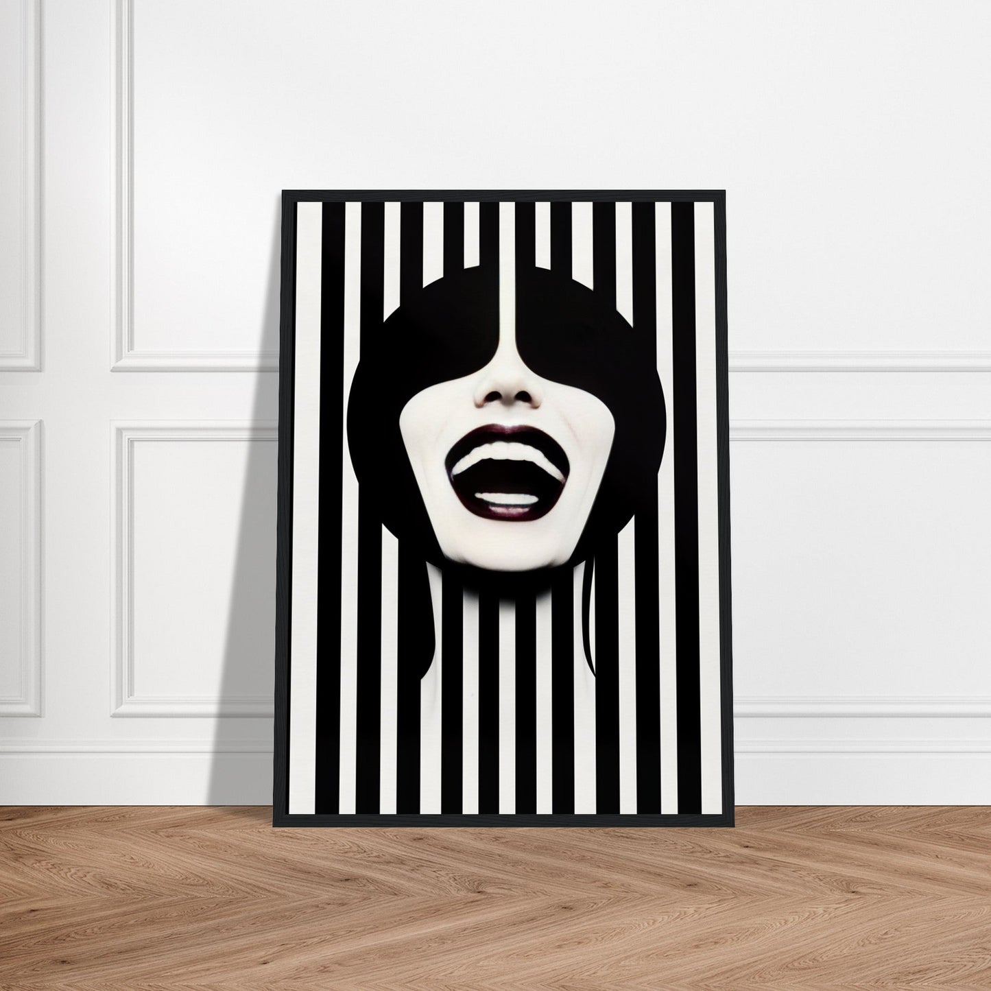 A black and white striped poster with a woman’s face