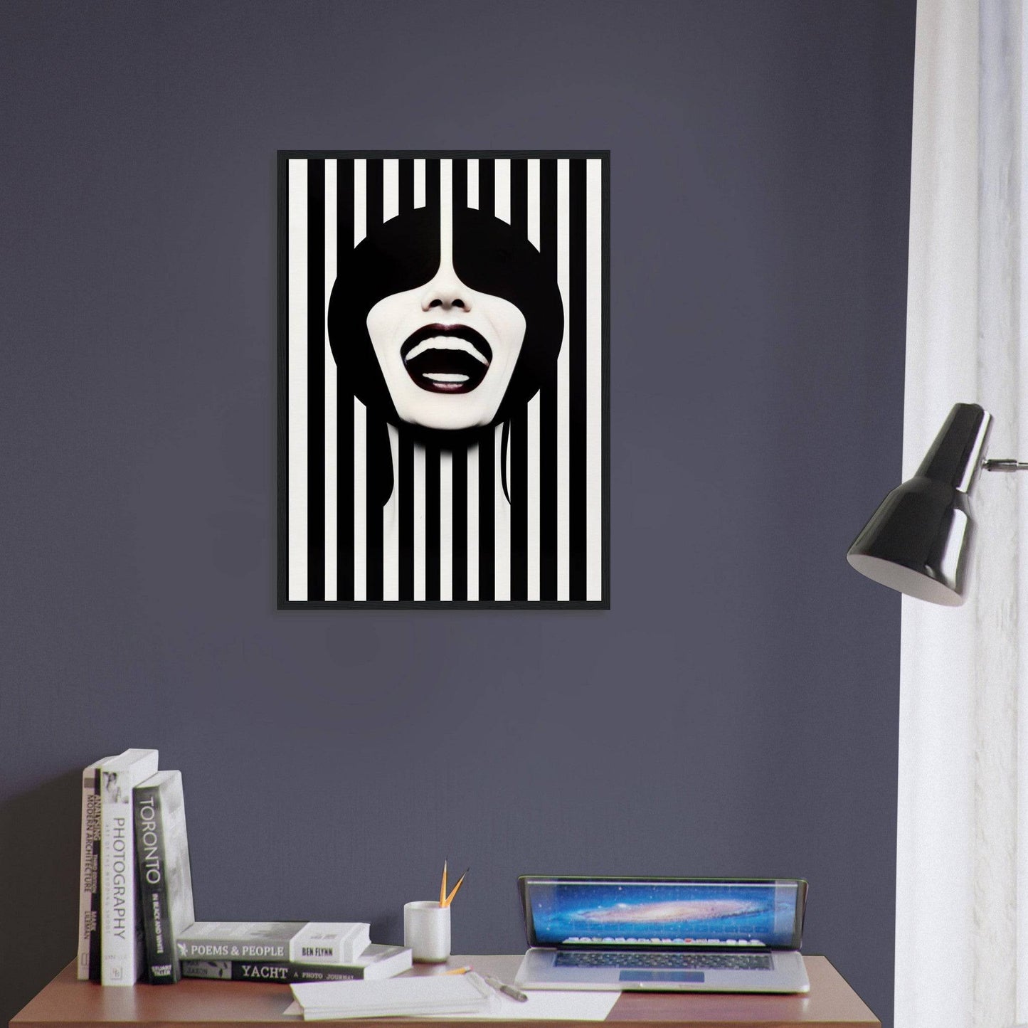 A black and white striped wall with a woman’s face on it