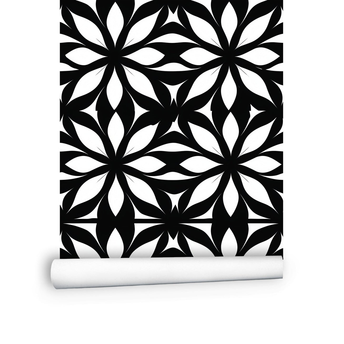 A black and white wallpaper with a geometric pattern