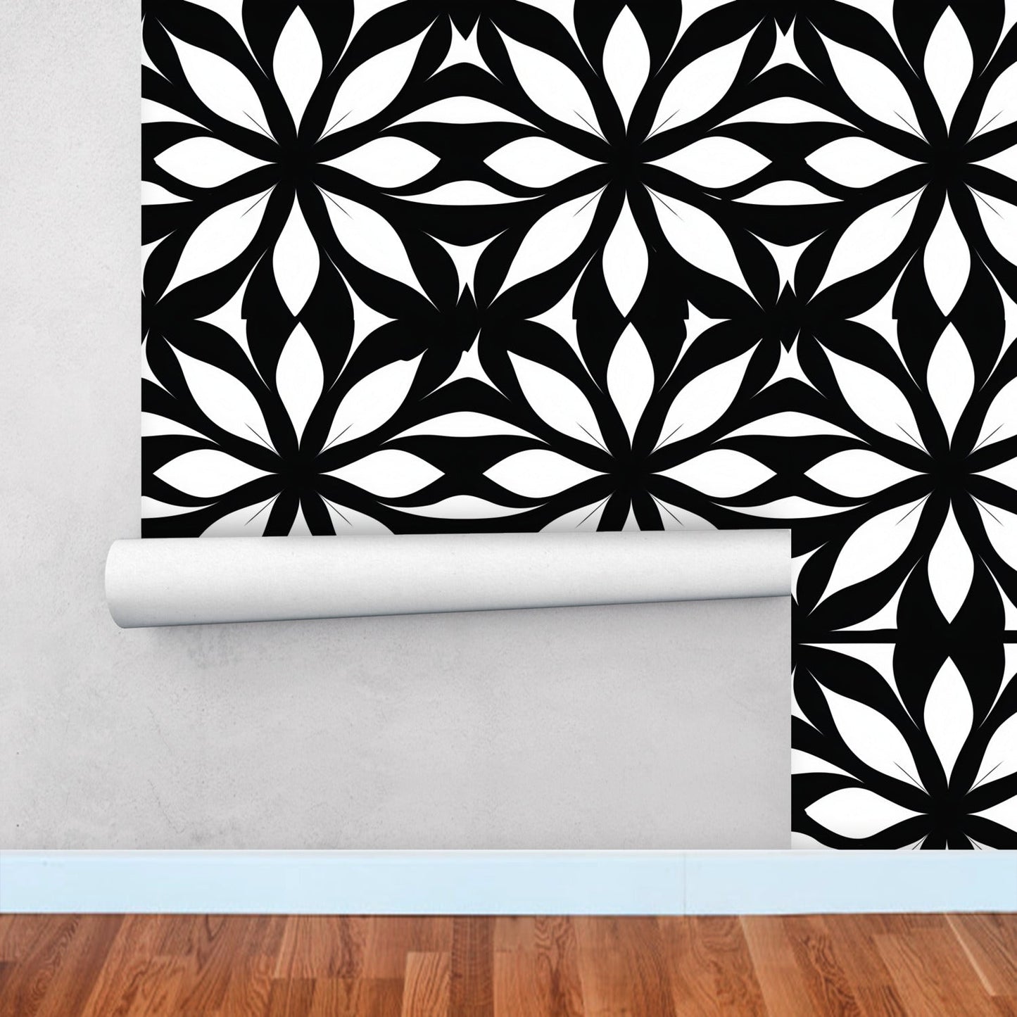 A black and white wallpaper with a geometric pattern