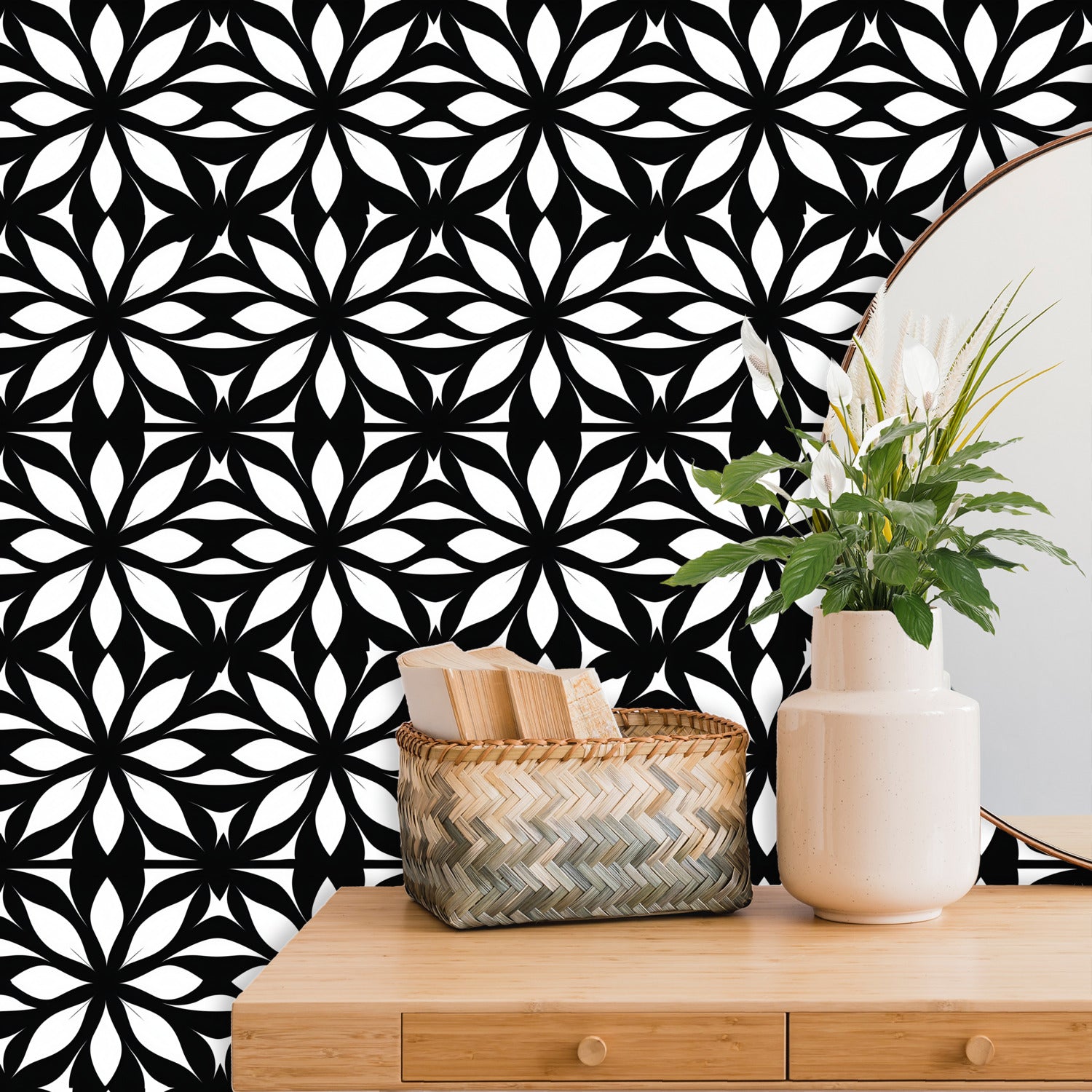 A black and white wallpaper with geometric shapes