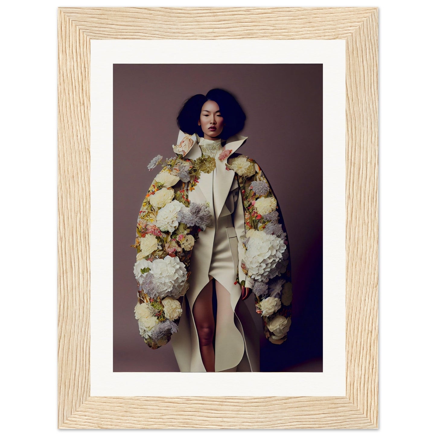 Framed photograph of a woman wearing an elaborate floral coat over a white dress.