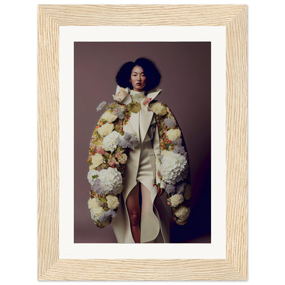 Framed photograph of a woman wearing an elaborate floral coat over a white dress.