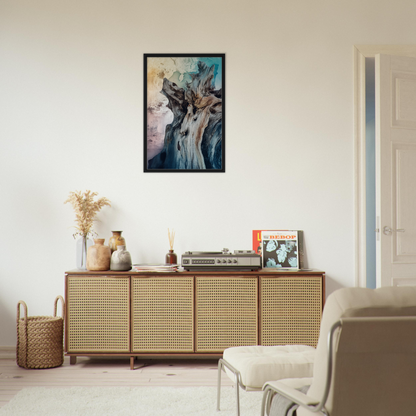 Wooden sideboard with cane-webbed doors and decorative items, part of Bleached Resilient Whispers