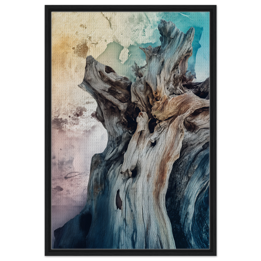 Abstract painting of a gnarled tree trunk featured in Bleached Resilient Whispers framed canvas print