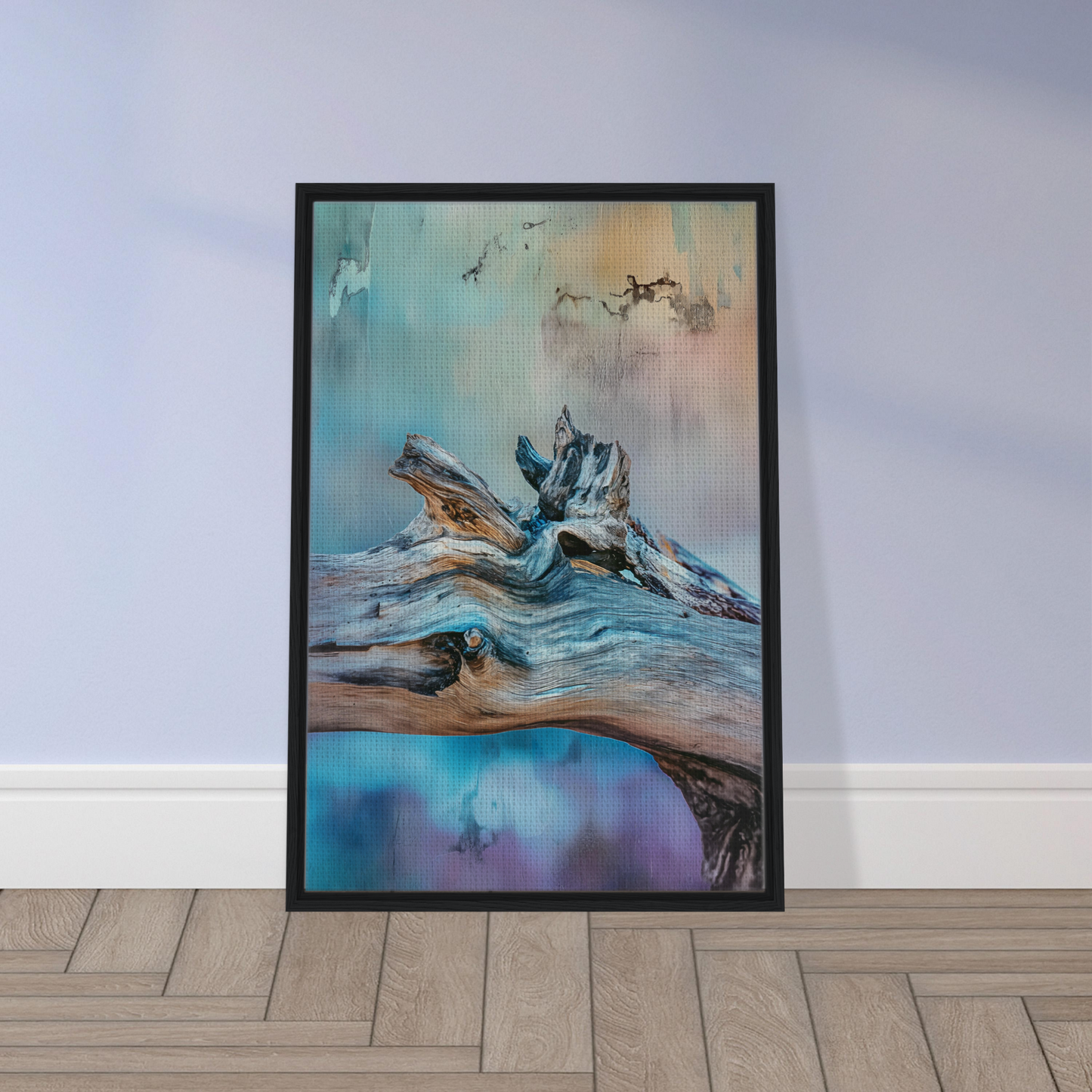 Framed canvas print of Bleeding Cerulean Symbiosis with driftwood on a beach