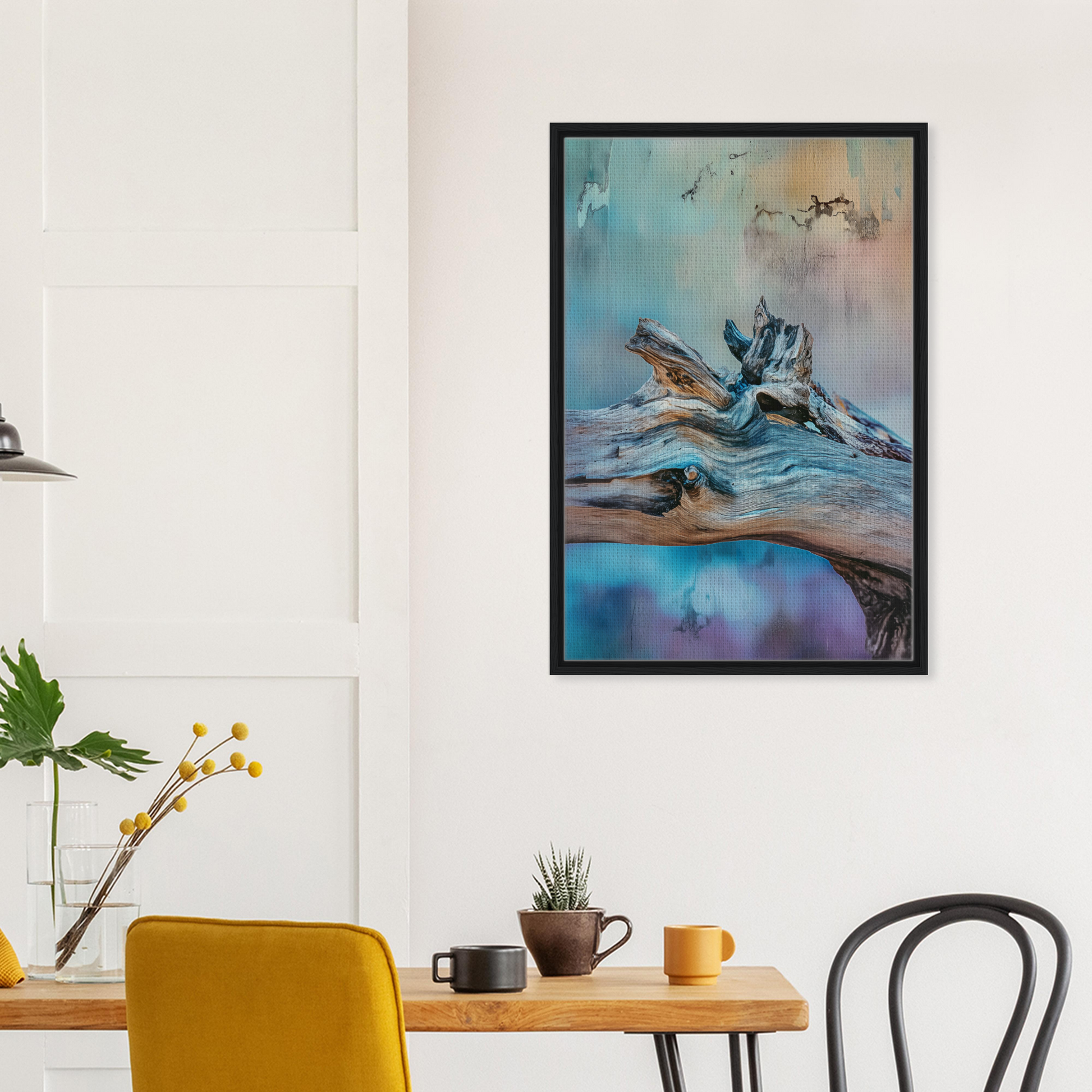 Framed abstract painting of a reclining figure on blue, ideal for Bleeding Cerulean Symbiosis room decor