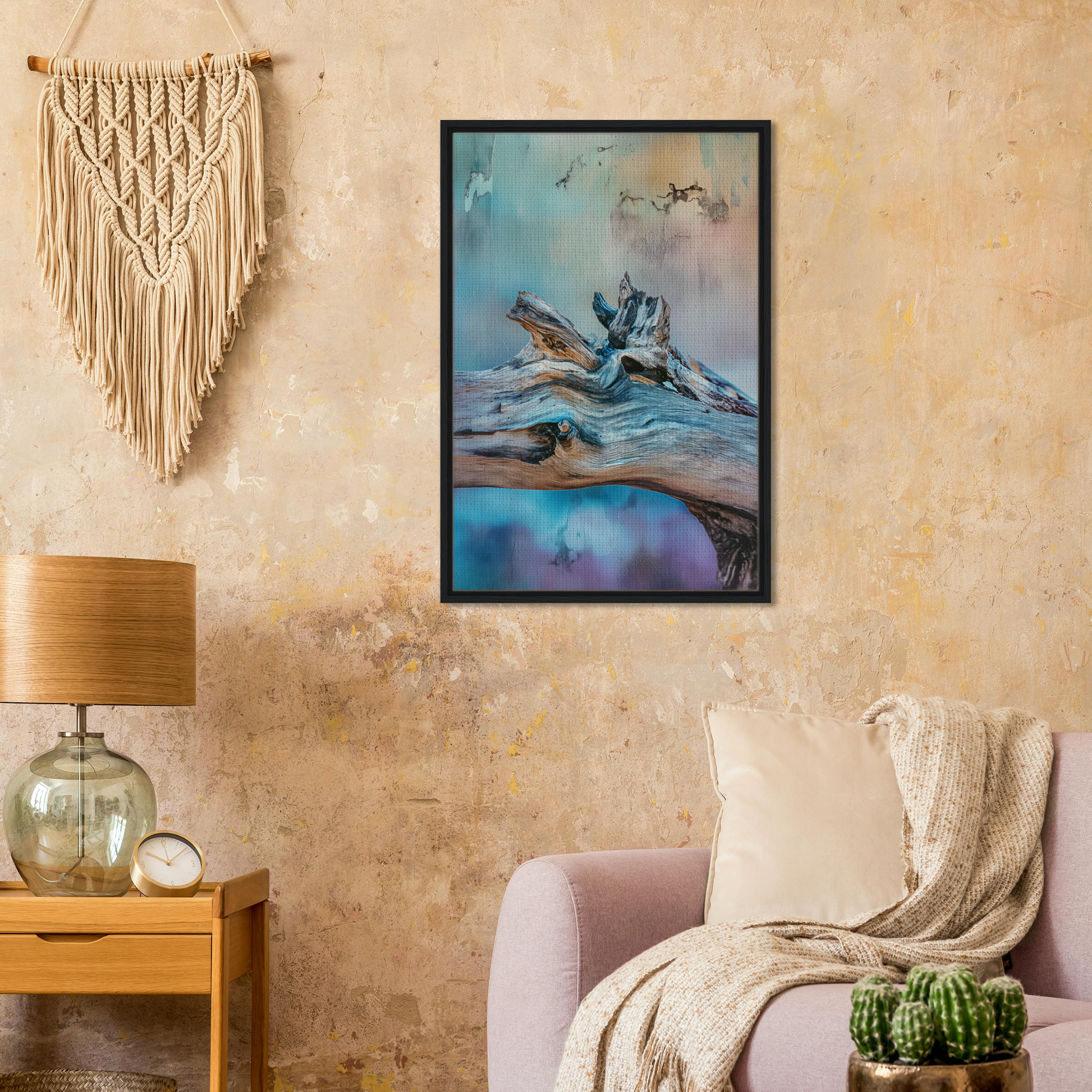 Framed abstract painting of a bird on a branch, ideal for Bleeding Cerulean Symbiosis room decor