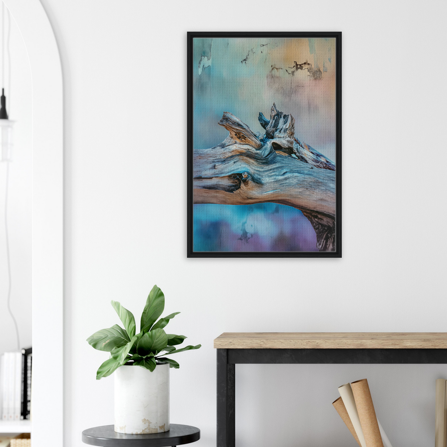 Framed abstract painting of a surreal landscape for Bleeding Cerulean Symbiosis room decor