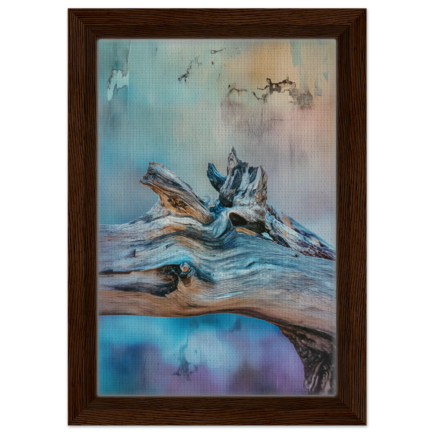 Weathered driftwood with gnarled branches showcased in Bleeding Cerulean Symbiosis framed canvas print