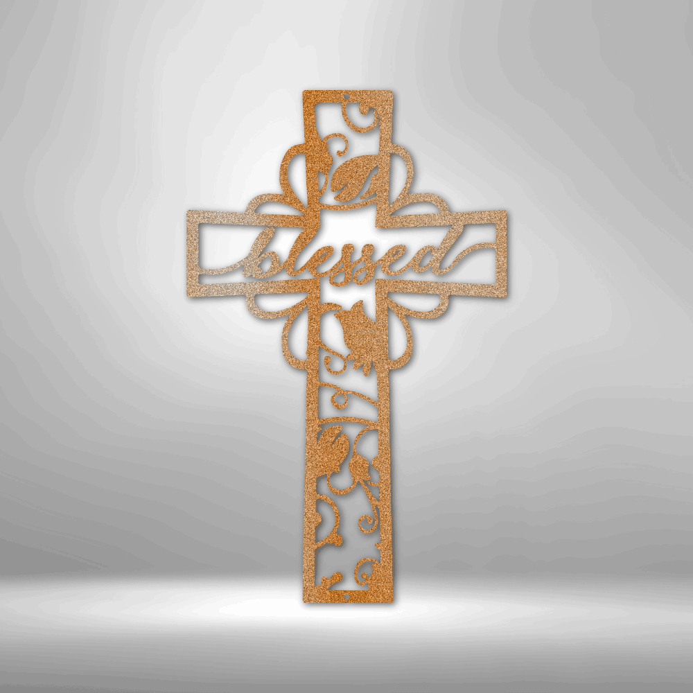 Decorative wooden cross with the word ’Blessed’ and floral designs cut out.