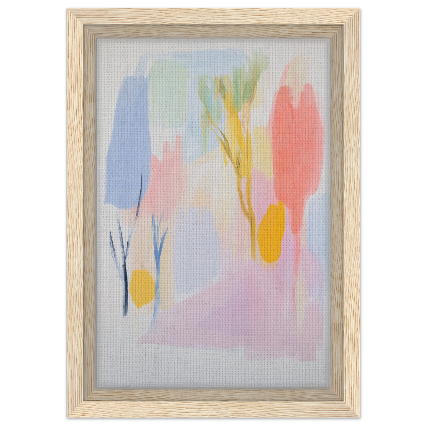 Abstract painting in soft pastels within a light wooden frame, Blissful Hues Clarity