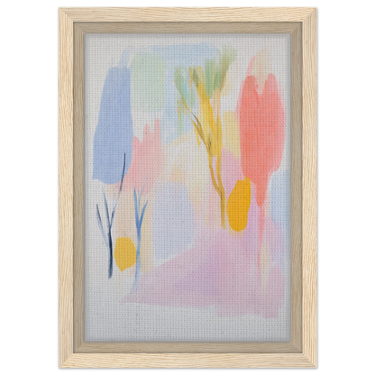 Abstract painting in soft pastels within a light wooden frame, Blissful Hues Clarity