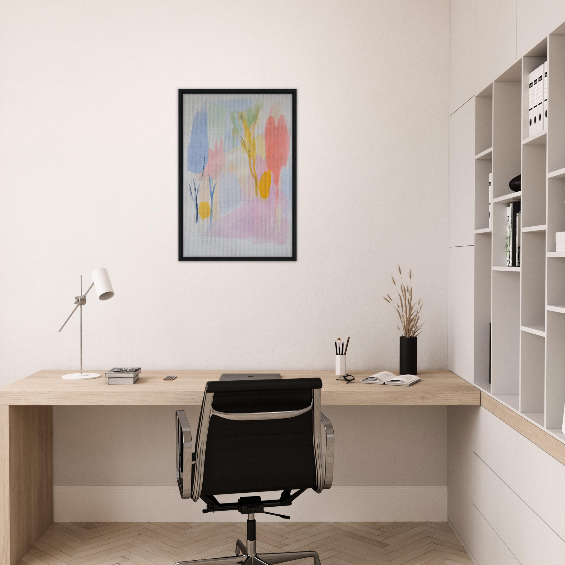 Minimalist home office with Blissful Hues Clarity framed canvas wall art and modern decor