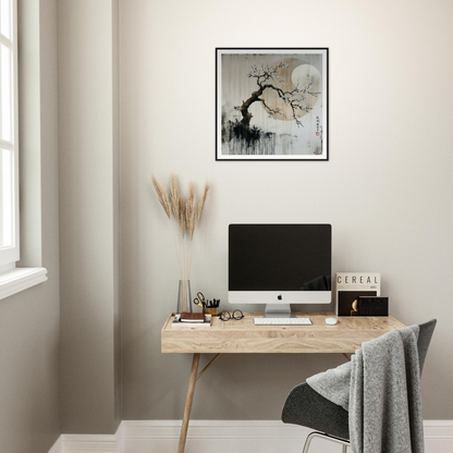 Minimalist wooden desk with iMac and Blossoms’ Cosmic Serenade museum-quality art