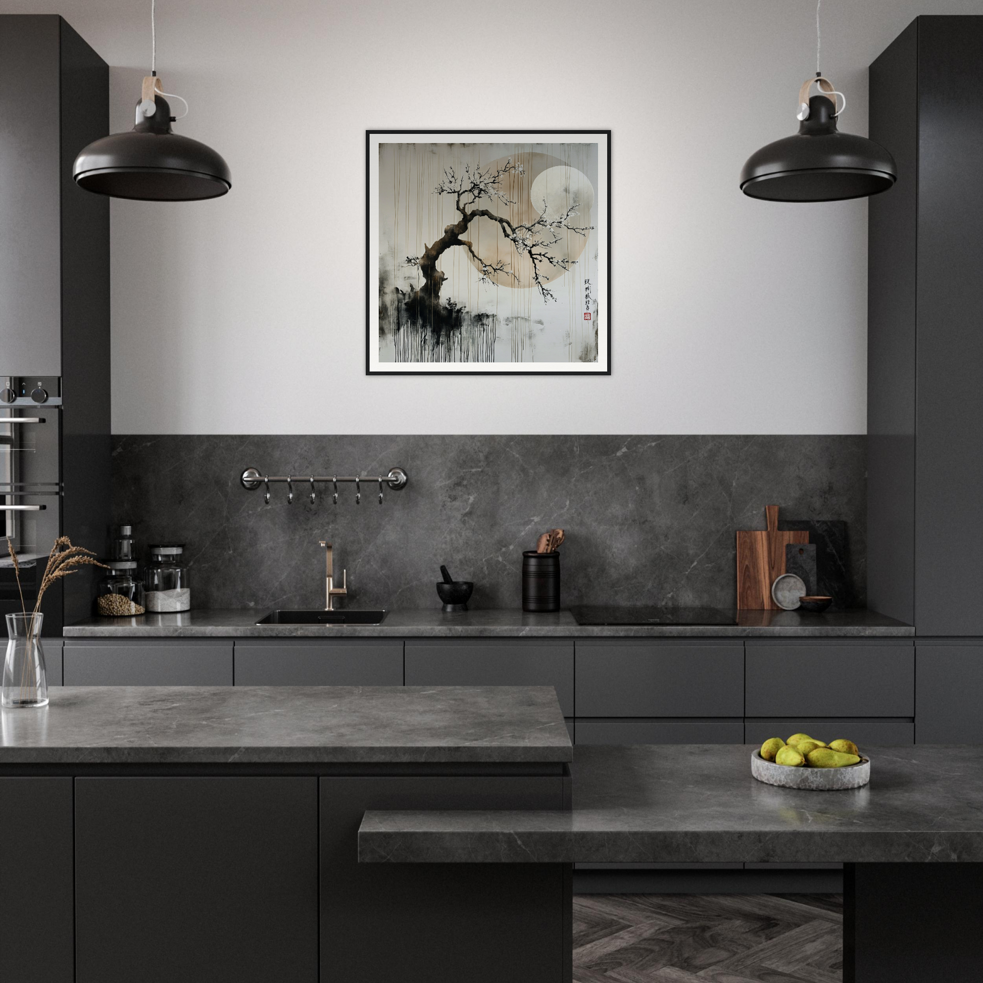 Modern dark gray kitchen with industrial lights featuring Blossoms Cosmic Serenade art