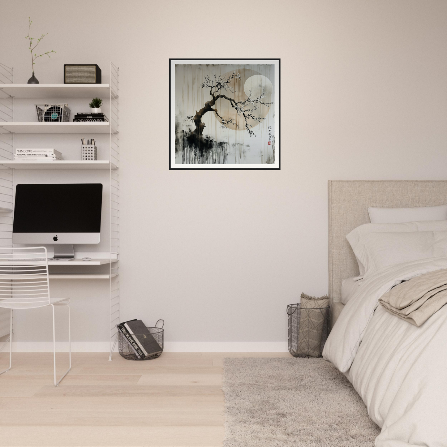 Minimalist bedroom with Blossoms’ Cosmic Serenade museum-quality framed art and shelves