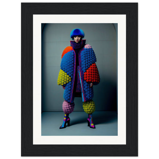 Colorful, textured coat with oversized geometric shapes worn by a figure with bright blue hair and sunglasses.